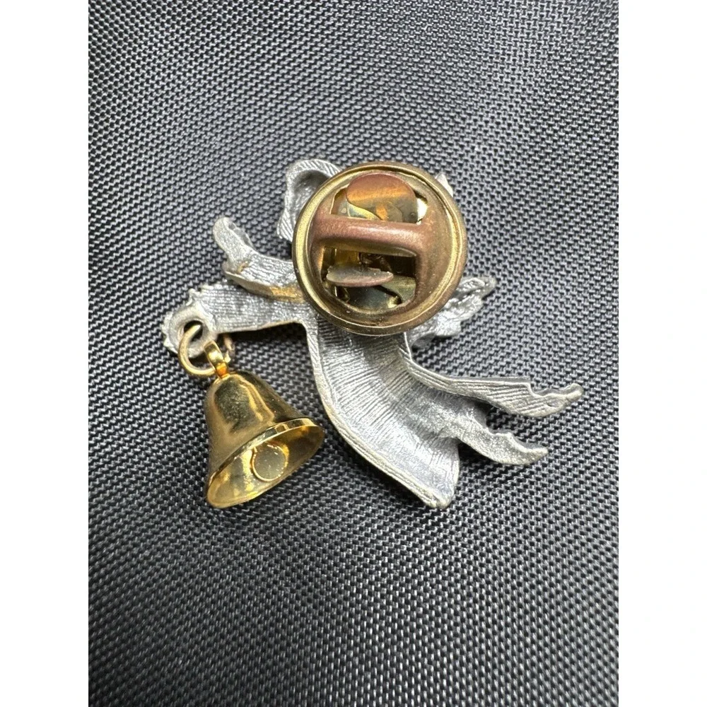 Vintage Pewter Cherub With Gold Bell Lapel Pin